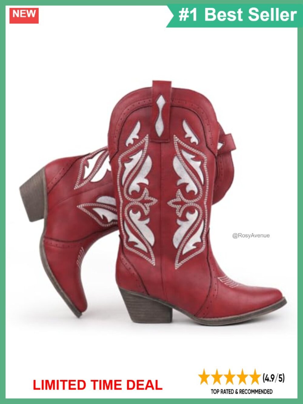 Embroidered Western Cowboy Boots Faux Leather Mid Calf Pointed Toe Chunky Block